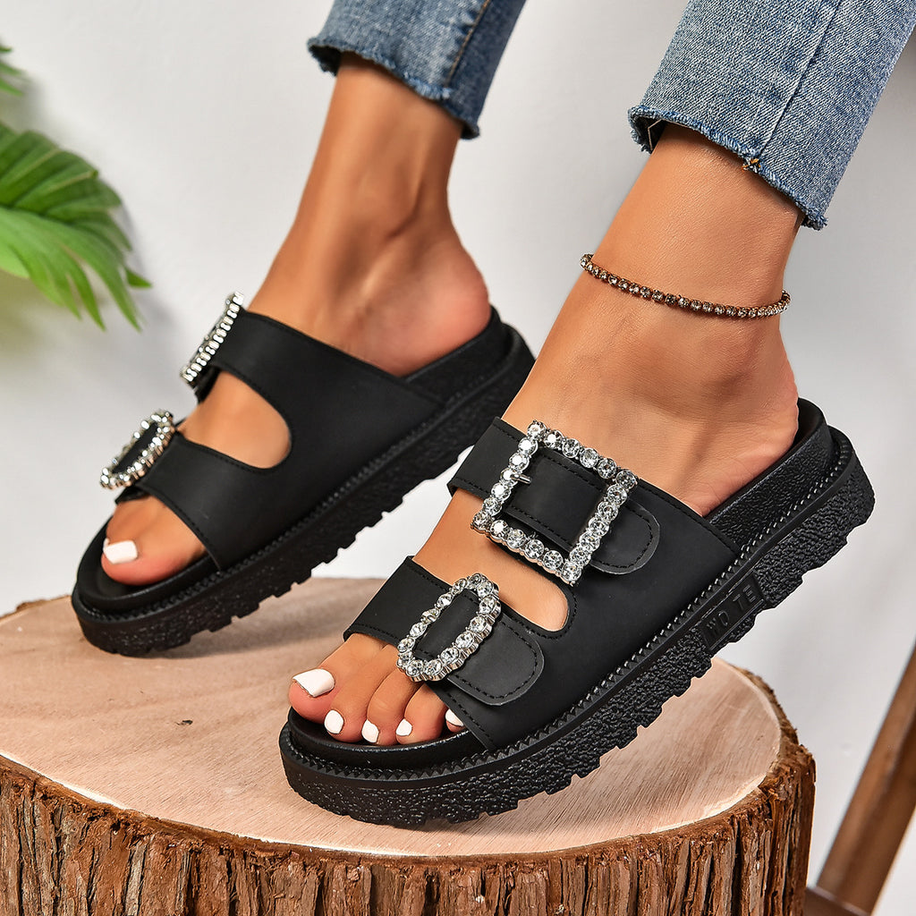 Women’s Glitter Rhinestone Platform Slides – Adjustable Buckle Sandals
