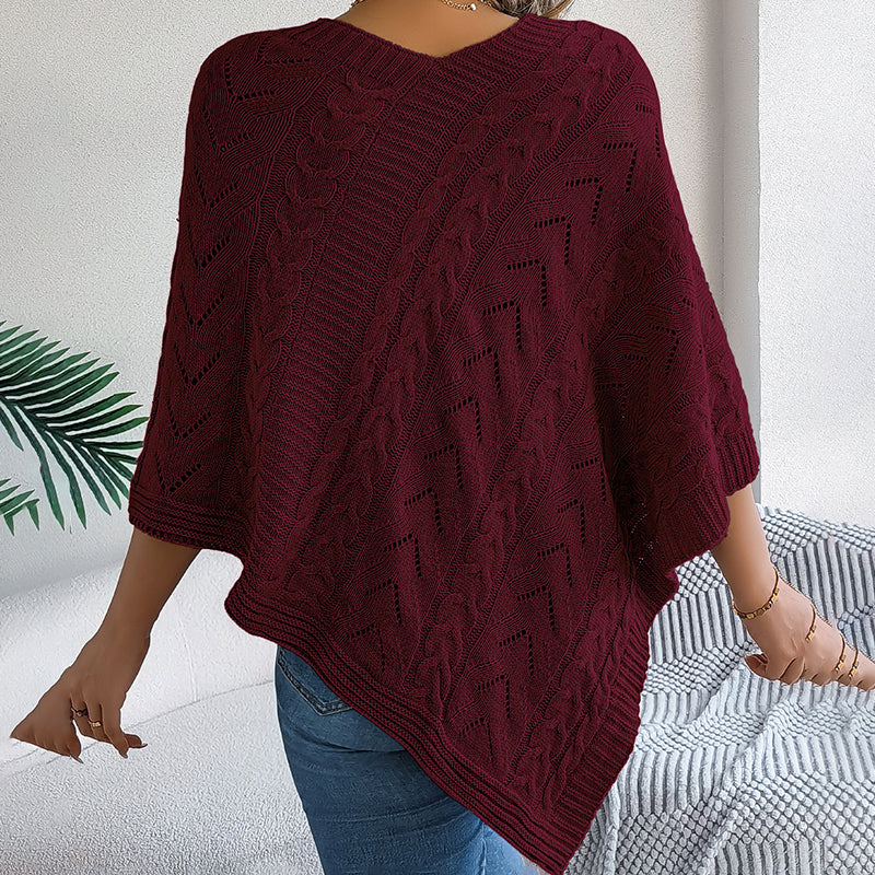 Women’s Solid V-Neck Cape Sweater – Batwing Sleeve Open-Knit Cardigan with Asymmetrical Hem