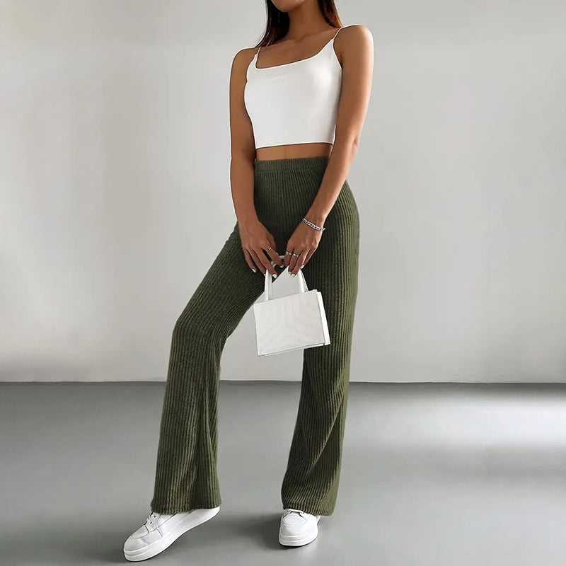 Women’s Solid Rib-Knit Jogger Pants – Casual Stretch Pull-On Trousers for Spring & Fall