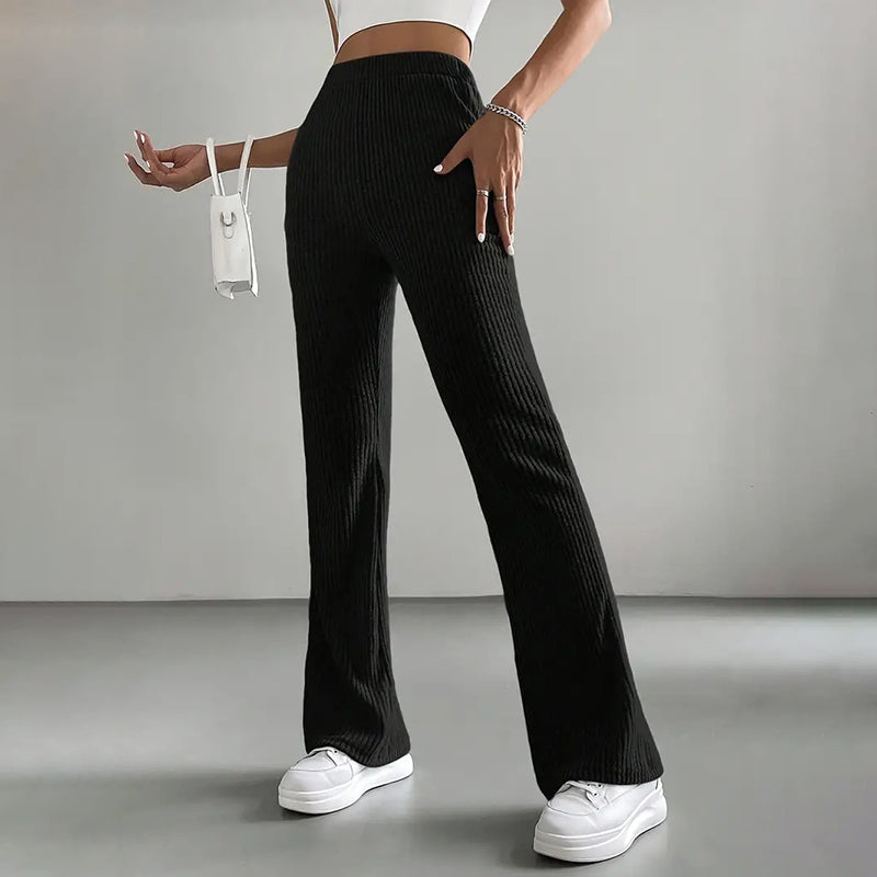 Women’s Solid Rib-Knit Jogger Pants – Casual Stretch Pull-On Trousers for Spring & Fall