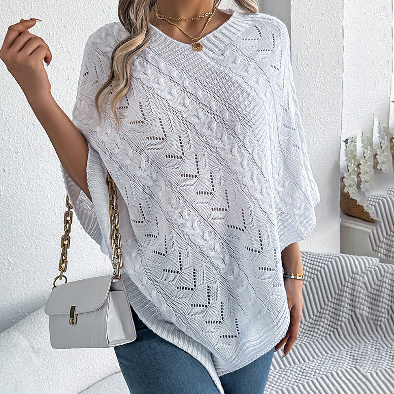 Women’s Solid V-Neck Cape Sweater – Batwing Sleeve Open-Knit Cardigan with Asymmetrical Hem
