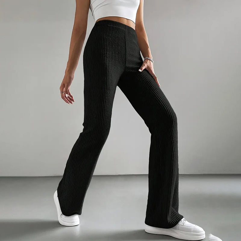Women’s Solid Rib-Knit Jogger Pants – Casual Stretch Pull-On Trousers for Spring & Fall