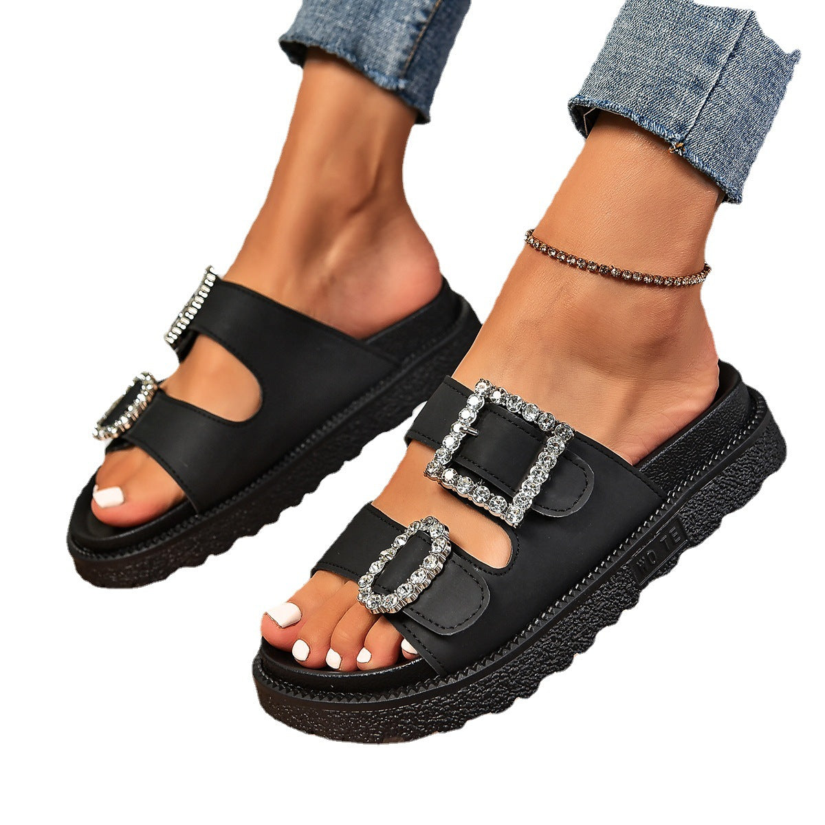Women’s Glitter Rhinestone Platform Slides – Adjustable Buckle Sandals
