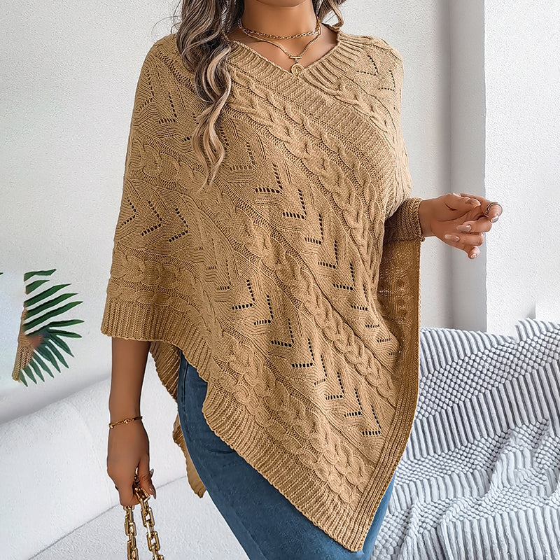 Women’s Solid V-Neck Cape Sweater – Batwing Sleeve Open-Knit Cardigan with Asymmetrical Hem