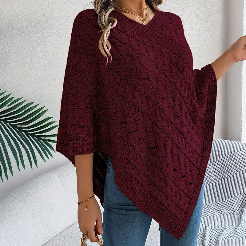Women’s Solid V-Neck Cape Sweater – Batwing Sleeve Open-Knit Cardigan with Asymmetrical Hem
