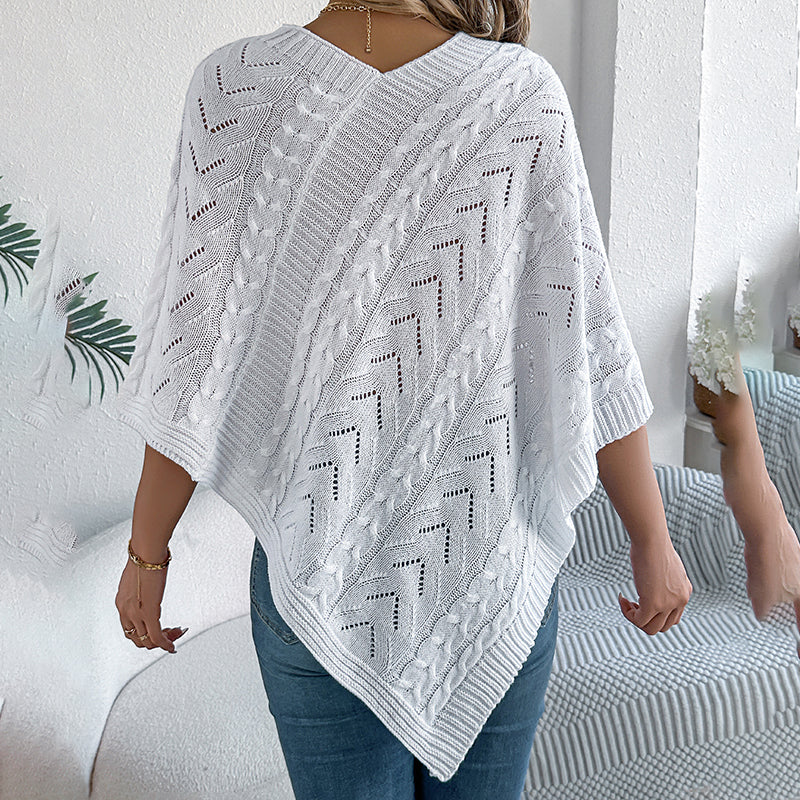 Women’s Solid V-Neck Cape Sweater – Batwing Sleeve Open-Knit Cardigan with Asymmetrical Hem