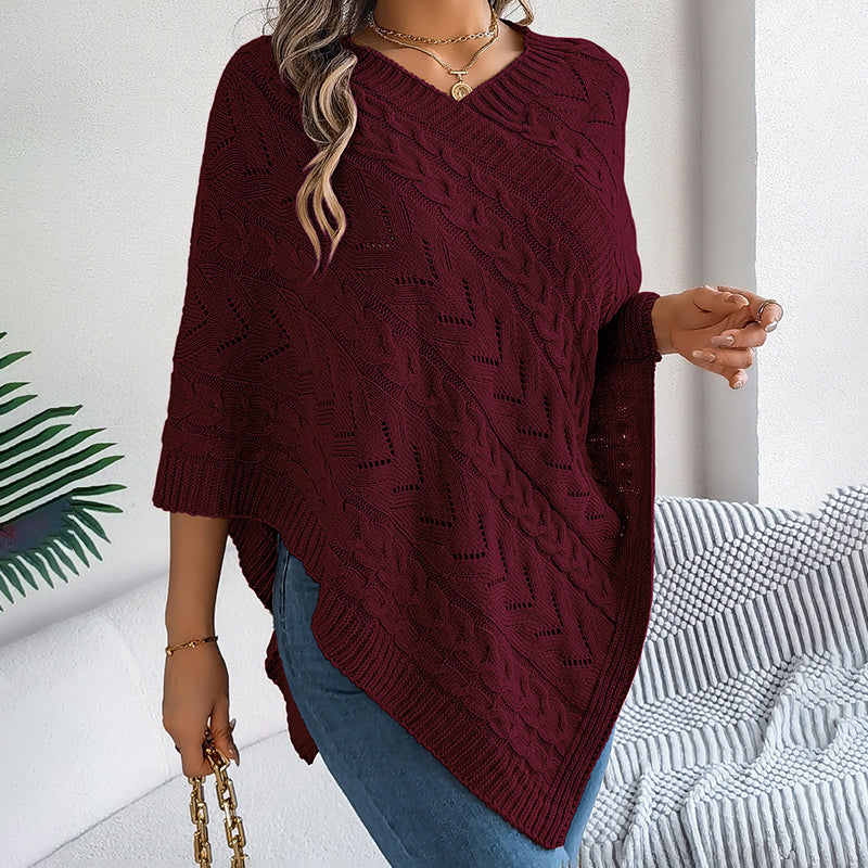 Women’s Solid V-Neck Cape Sweater – Batwing Sleeve Open-Knit Cardigan with Asymmetrical Hem