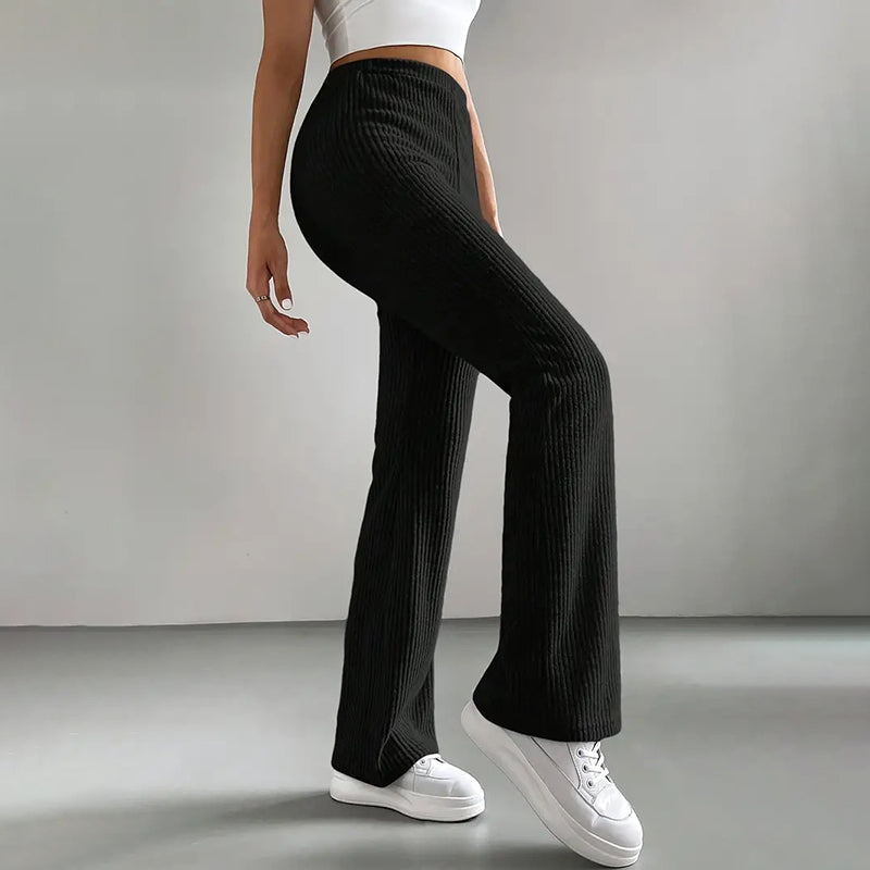 Women’s Solid Rib-Knit Jogger Pants – Casual Stretch Pull-On Trousers for Spring & Fall