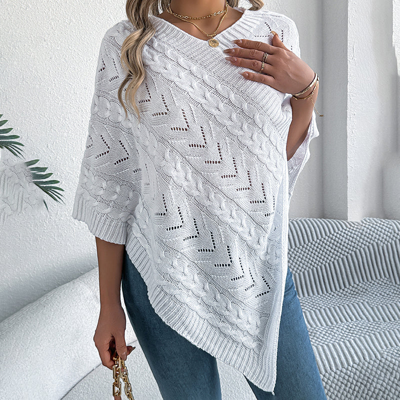 Women’s Solid V-Neck Cape Sweater – Batwing Sleeve Open-Knit Cardigan with Asymmetrical Hem