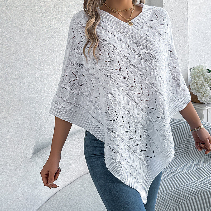 Women’s Solid V-Neck Cape Sweater – Batwing Sleeve Open-Knit Cardigan with Asymmetrical Hem