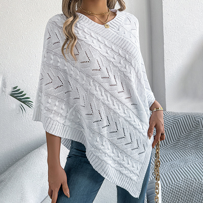 Women’s Solid V-Neck Cape Sweater – Batwing Sleeve Open-Knit Cardigan with Asymmetrical Hem