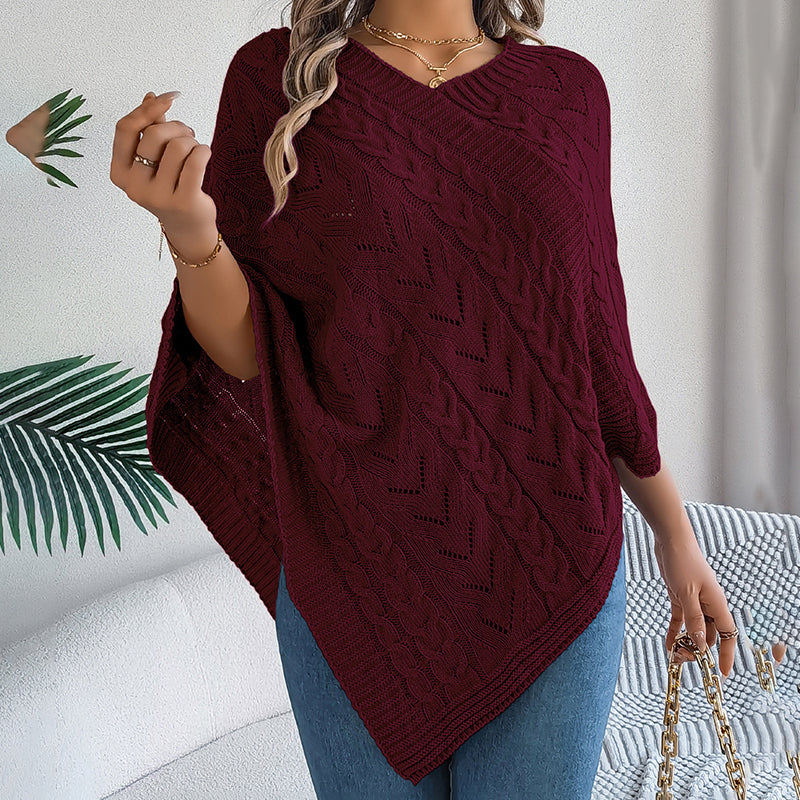 Women’s Solid V-Neck Cape Sweater – Batwing Sleeve Open-Knit Cardigan with Asymmetrical Hem